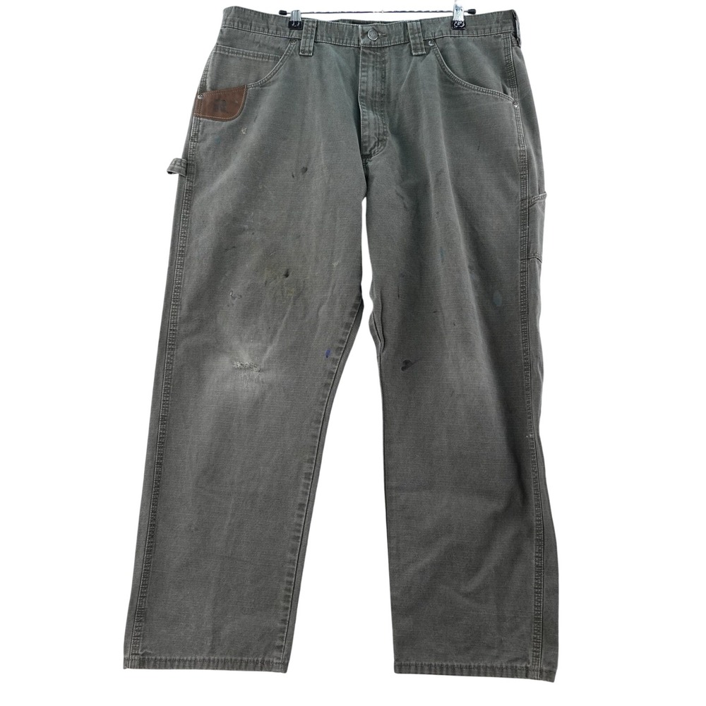 Wrangler Riggs Workwear Carpenter Pants Olive Green Size 38x30 Distressed Pocket